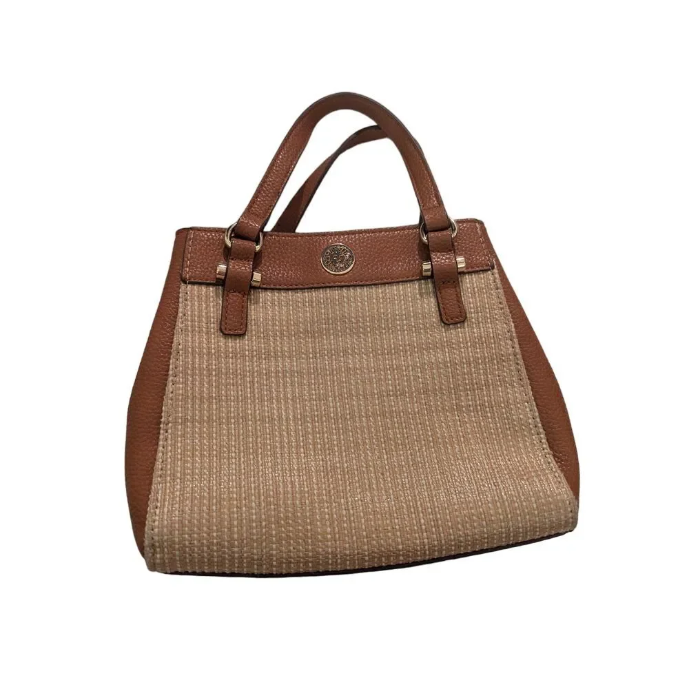 Elegant Anne Klein Two-Tone Woven Handbag with Leather Trim and Gold Accents